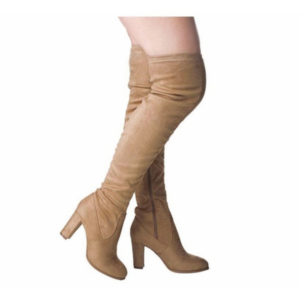 Tan Suede Over the Knee Thigh High Heel Boots - Picture 5 of 7